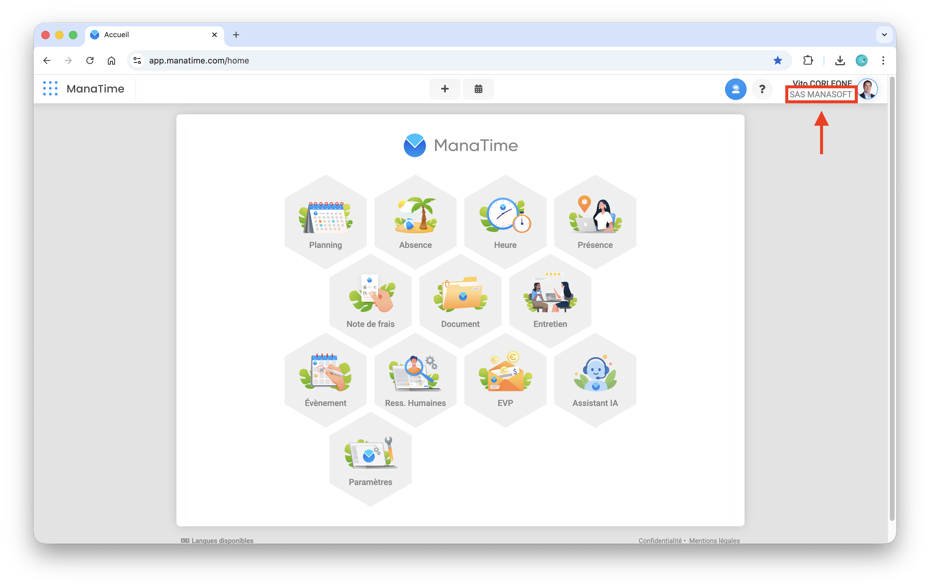 Capture ManaTime montrant le nom d'organisation